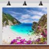 CORFOTO 12x8ft Fabric Greece Beach Backdrop Ionian Sea Lefkada Island Spring Mountain Blue Sea Scenery Background Greek Theme Party Decor Portrait Photoshoot Studio Booth Props view 1