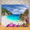 CORFOTO 12x8ft Fabric Greece Beach Backdrop Ionian Sea Lefkada Island Spring Mountain Blue Sea Scenery Background Greek Theme Party Decor Portrait Photoshoot Studio Booth Props view 2