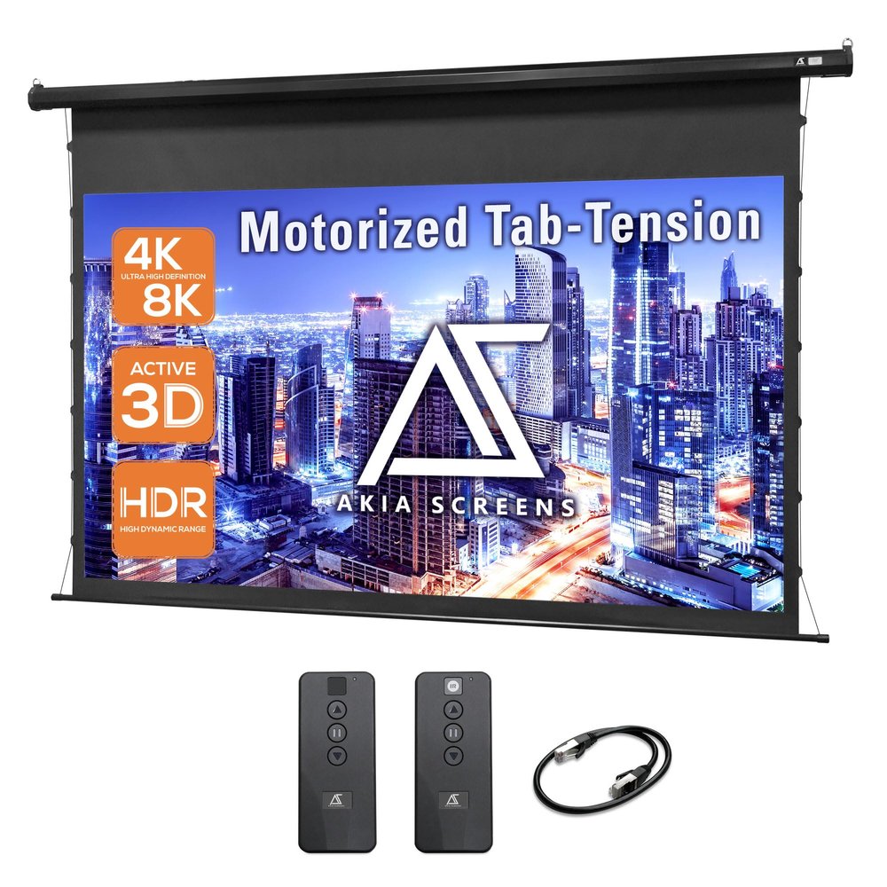 Akia Screens 120 inch Motorized Projector Screen Tensioned 16:9 Retractable Projector Screen Indoor Movie Screen Compatible with UST, Short, Standard Throw Projection for 4K Home Theater, AK-ELT120H
