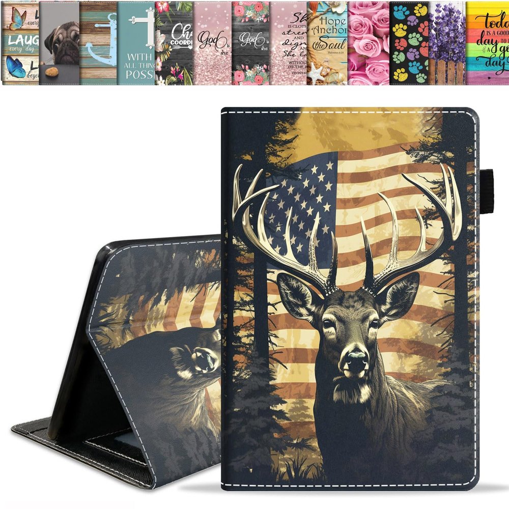 ERWYTYIOI Case for All-New Amazon Kindle Fire 7 Tablet (7 Inch, 12th Generation, 2022 Release), Slim PU Leather Stand Cover with Card Slot & Auto Wake/Sleep, American Flag Jungle Deer