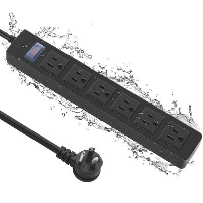 Outdoor Power Strip Waterproof with 6 Outlets, Garden Weatherproof Surge Protector, Christmas Multiple Outlet Exterior Socket for Lighting Appliances. 15FT Extension Cord Strip with Flat Plug. Black