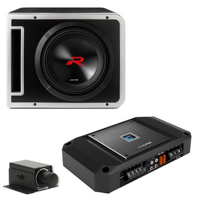 Alpine R2-SB10V 10-inch R-Series Halo Preloaded Sub Enclosure with ProLink w/ R2-A75M Amp, Rux Knob Bundle