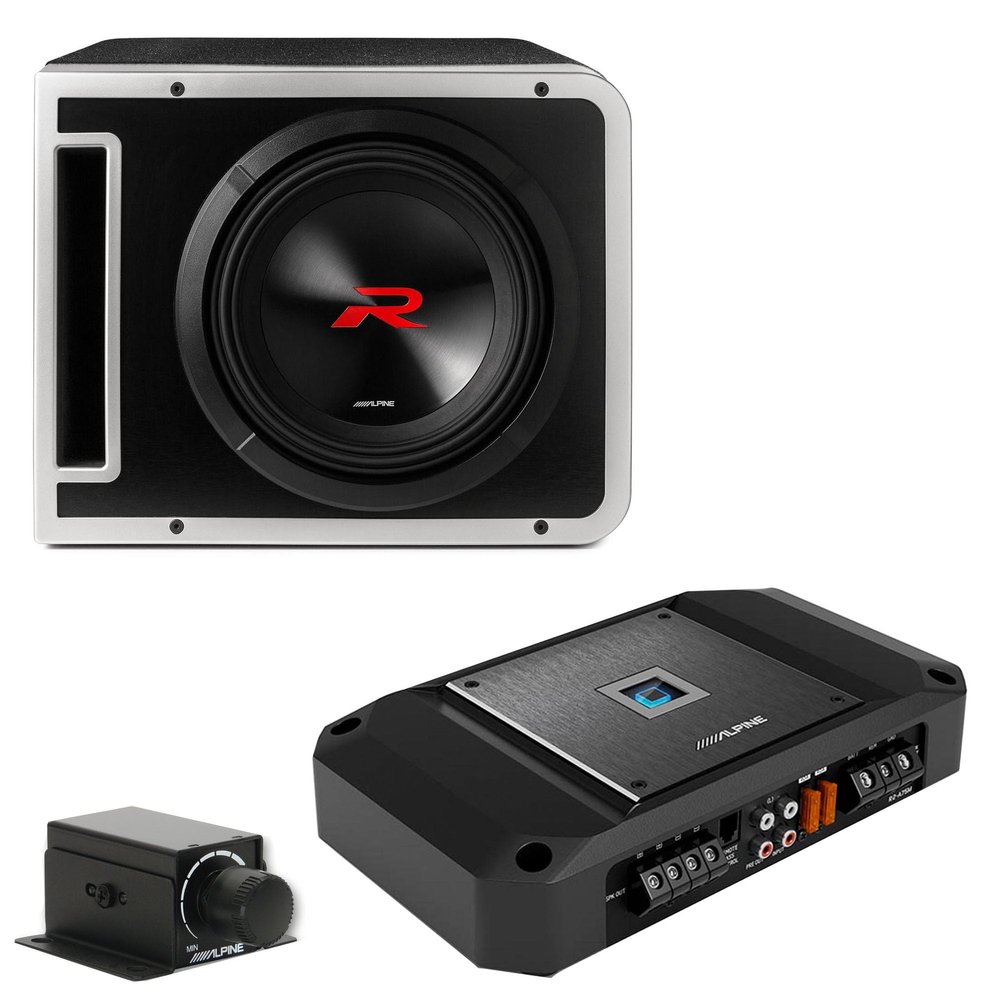 Alpine R2-SB10V 10-inch R-Series Halo Preloaded Sub Enclosure with ProLink w/ R2-A75M Amp, Rux Knob Bundle