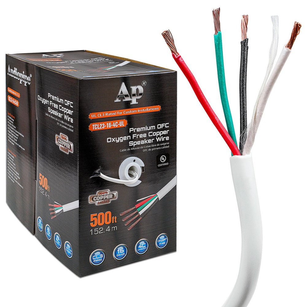 Audiopipe Premium 16 Gauge Advanced Oxygen Free Copper (OFC) Speaker Wire (TCL23-16-4C-UL), 500 Ft, Ripcord, UL CL3 Rated, PVC Jackets, 4 Conductors