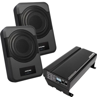 Alpine (2) PWE-S8 Compact 8-Inch Powered Subwoofer System & KTA-450 4-Channel Power Pack Amplifier Bundle
