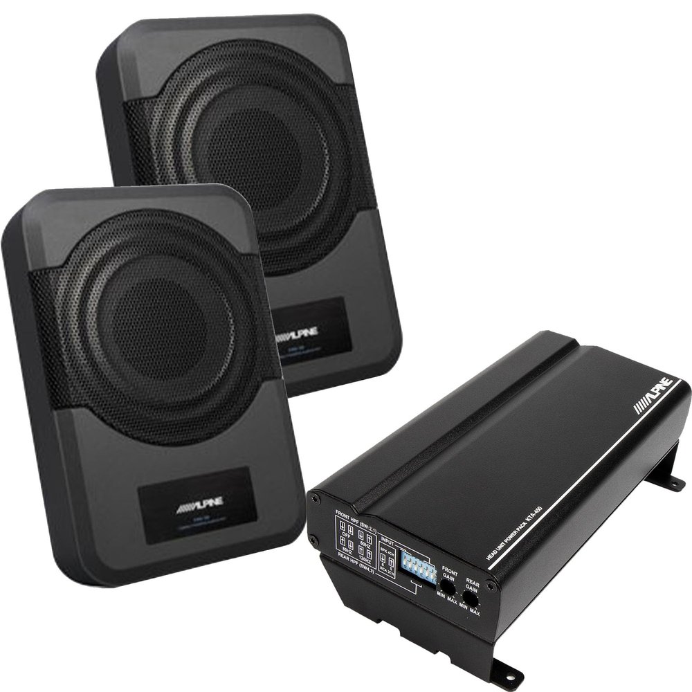 Alpine (2) PWE-S8 Compact 8-Inch Powered Subwoofer System & KTA-450 4-Channel Power Pack Amplifier Bundle