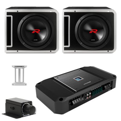 Alpine (2 R2-SB10V 10-inch R-Series Halo Preloaded Sub Enclosure Including ProLink w/ R2-A150M Amp, Rux Knob Bundle