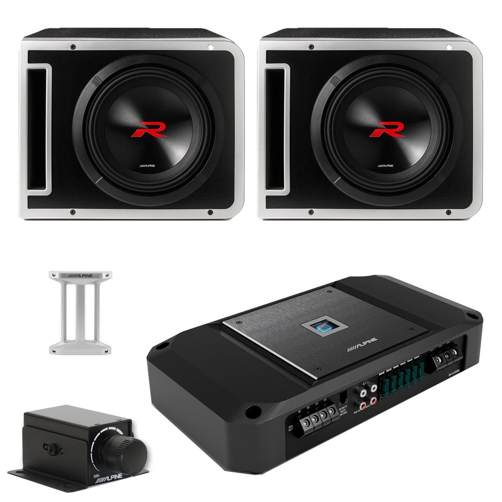 Alpine (2 R2-SB10V 10-inch R-Series Halo Preloaded Sub Enclosure Including ProLink w/ R2-A150M Amp, Rux Knob Bundle
