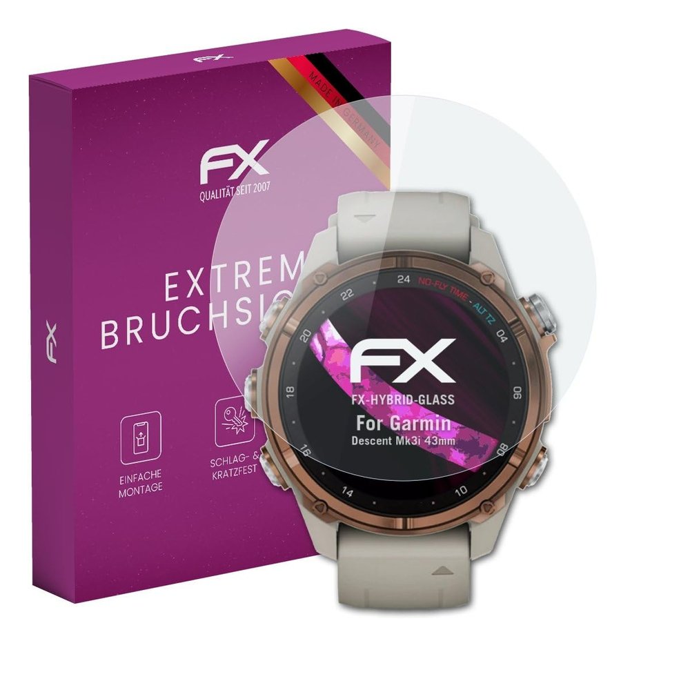 atFoliX Plastic Glass Protective Film compatible with Garmin Descent Mk3i 43mm, 9H Hybrid-Glass FX Screen Protector