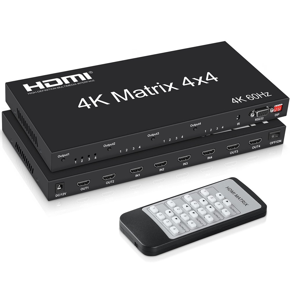 4K@60Hz HDMI Matrix Switch 4x4, avedio links HDMI Matrix Switcher Splitter 4 in 4 Out with EDID, HDMI Matrix Selector box with RS232 Control, Support Auto Downscaler, HDR, HDMI2.0, HDCP2.2, 18Gbps
