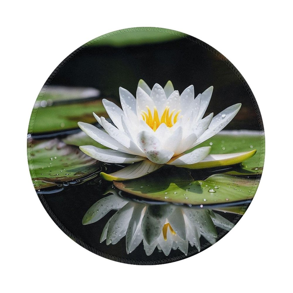 4 PCS Mousepad with Non-Slip Rubber Base 8" Round Mouse-Mat with Stitched Edge White Water Lily Gaming Mousepad for Wireless Mouses Computer Laptop Home Office Desk Pad