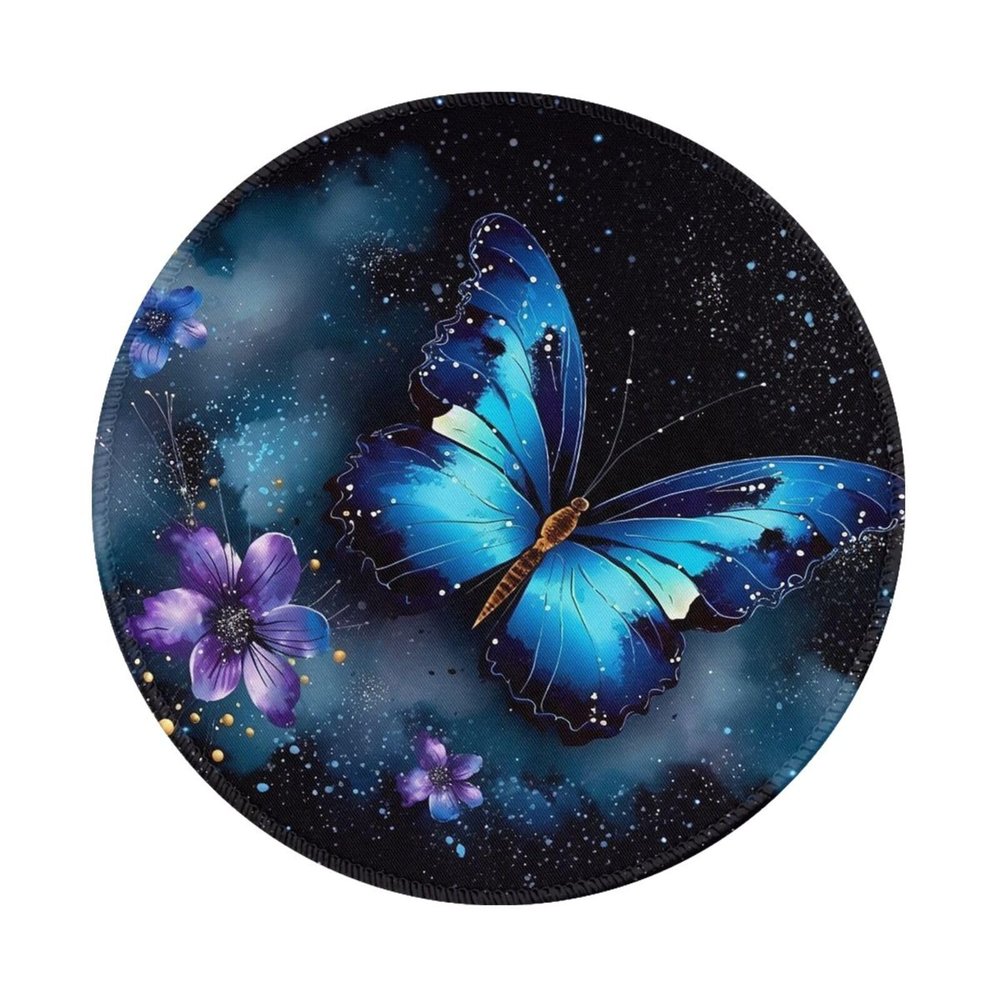 NONHAI 2 PCS Mousepad with Non-Slip Rubber Base 8"" Round Mouse-Mat with Stitched Edge Galaxy Blue Butterfly Gaming Mousepad for Wireless Mouses Computer Laptop Home Office Desk Pad, Black
