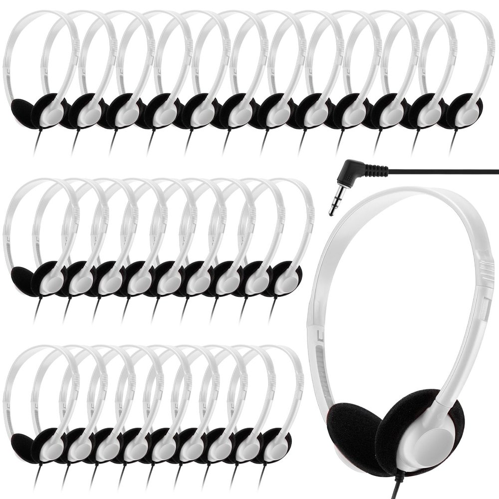 Yunsailing 30 Pack Bulk Headphones Set Over Ear Headphones with Adjustable Headband 3.5mm Plug Headsets Earphones for Learning Program, Computer Lab, Library, Testing & Multimedia Use (White)