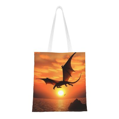 VTCTOASY Sea Sunset Flying Dragon Print Canvas Tote Bags Lightweight Shoulder Bag Reusable Grocery Shopping Bag Handbags for Women Men