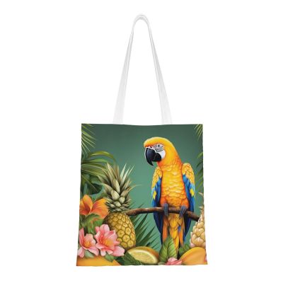 VTCTOASY Summer Parrot Pineapple Bird Print Canvas Tote Bags Lightweight Shoulder Bag Reusable Grocery Shopping Bag Handbags for Women Men