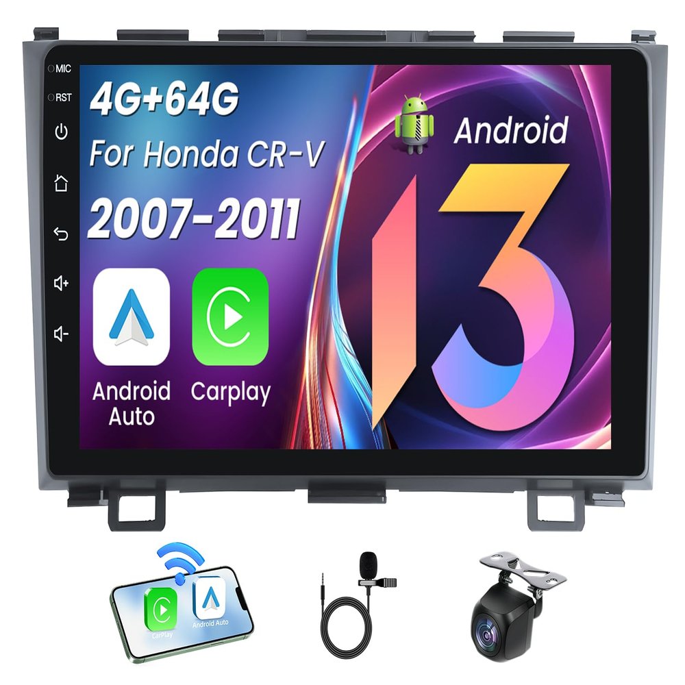 8Core 4+64GB Car Radio Stereo for 2007-2011 Honda CRV: 9" 1280 * 800 IPS Touchscreen Wireless Carplay Android Auto 5GWiFi Bluetooth5.0 FM/AM DSP GPS 1080p Camera Android 13 Head Unit SWC Splitscreen