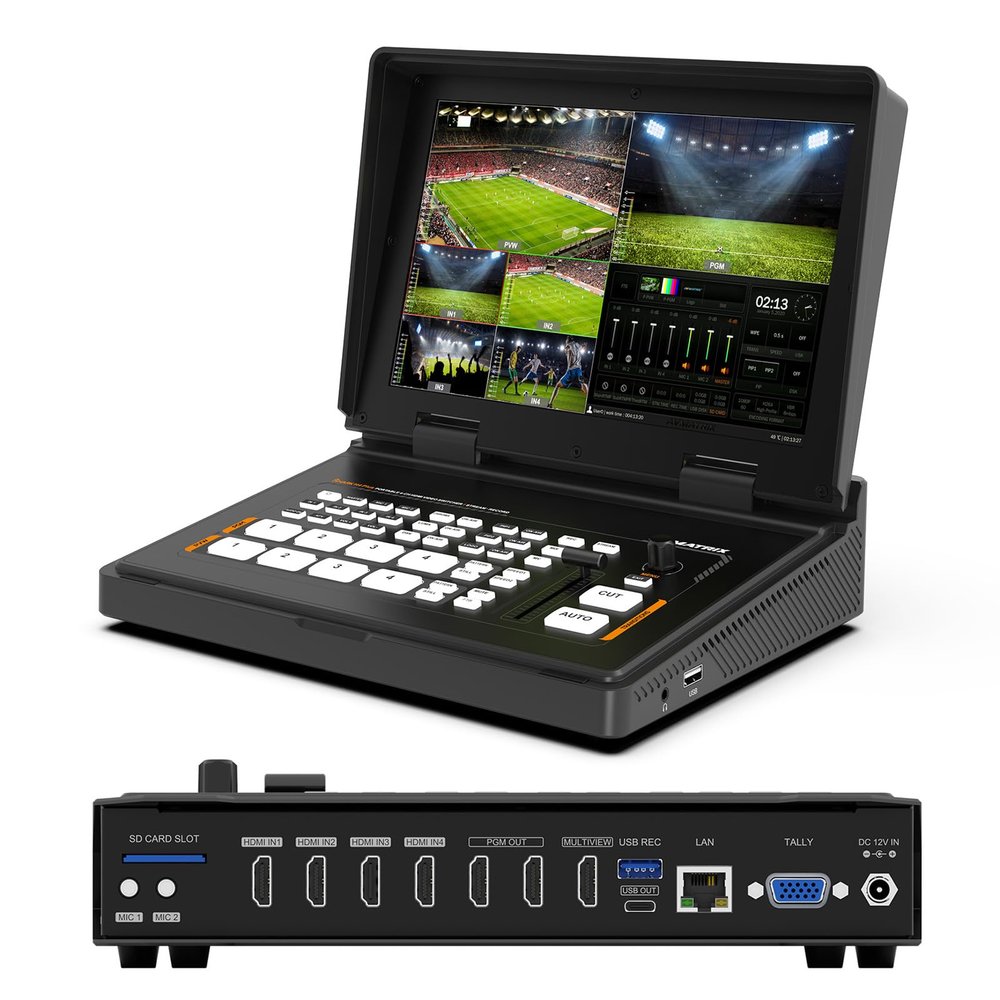 AVMATRIX Shark Multi Camera Video Mixer Switcher for Live Streaming, 4CH HDMI Inputs, 6CH Audio Mixer Swither, 10.1 inch FHD Screen, USB/SD-Card Record, LAN & USB Output Live Streaming H4Plus