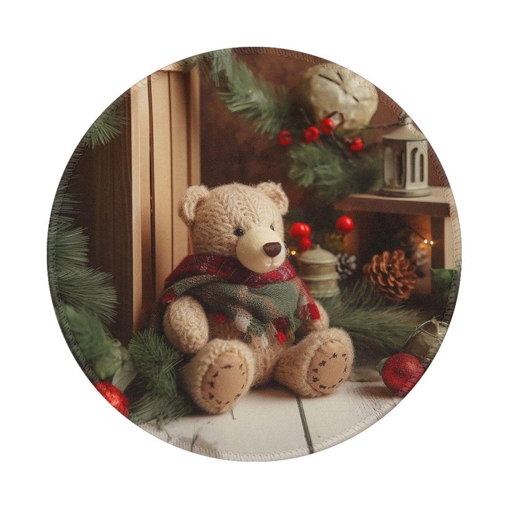 1 Mousepad with Non-Slip Rubber Base 8" Round Mouse-Mat with Stitched Edge Xmas Tree Branch Bear Doll Gaming Mousepad for Wireless Mouses Computer Laptop Home Office Desk Pad