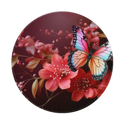 1 Mousepad with Non-Slip Rubber Base 8" Round Mouse-Mat with Stitched Edge Red Flower and Butterfly Gaming Mousepad for Wireless Mouses Computer Laptop Home Office Desk Pad