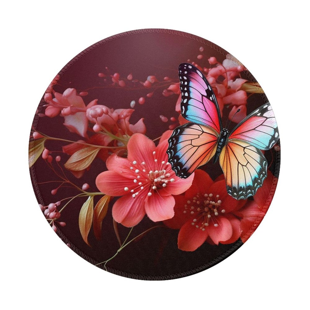 1 Mousepad with Non-Slip Rubber Base 8" Round Mouse-Mat with Stitched Edge Red Flower and Butterfly Gaming Mousepad for Wireless Mouses Computer Laptop Home Office Desk Pad