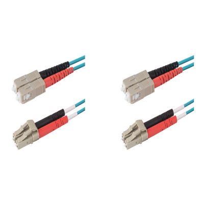 SpeedyFiberTX 2-Pack 70 Meter SC to LC Fiber Optic Patch Cable, Red and Black Boots, Corning ClearCurve Multimode OM4 50/125um Optical Fiber, Duplex Aqua Riser OFNR Cable Jacket