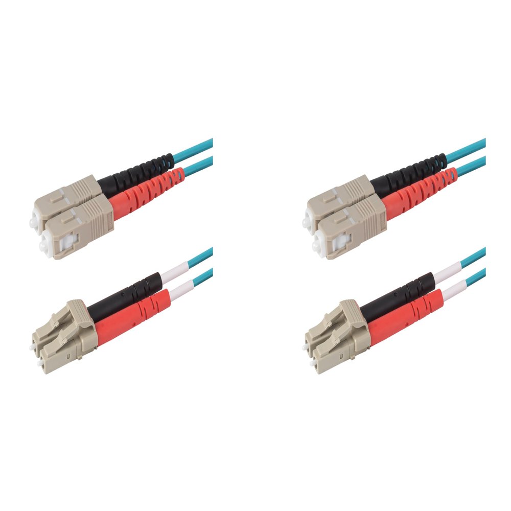 SpeedyFiberTX 2-Pack 70 Meter SC to LC Fiber Optic Patch Cable, Red and Black Boots, Corning ClearCurve Multimode OM4 50/125um Optical Fiber, Duplex Aqua Riser OFNR Cable Jacket