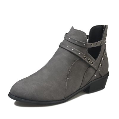 HINDOLA Women's Almond Toe Low Heel Chunky Block Stacked Heels Ankle Booties Slip On Criss Cross Buckle Boots Short Black Boots