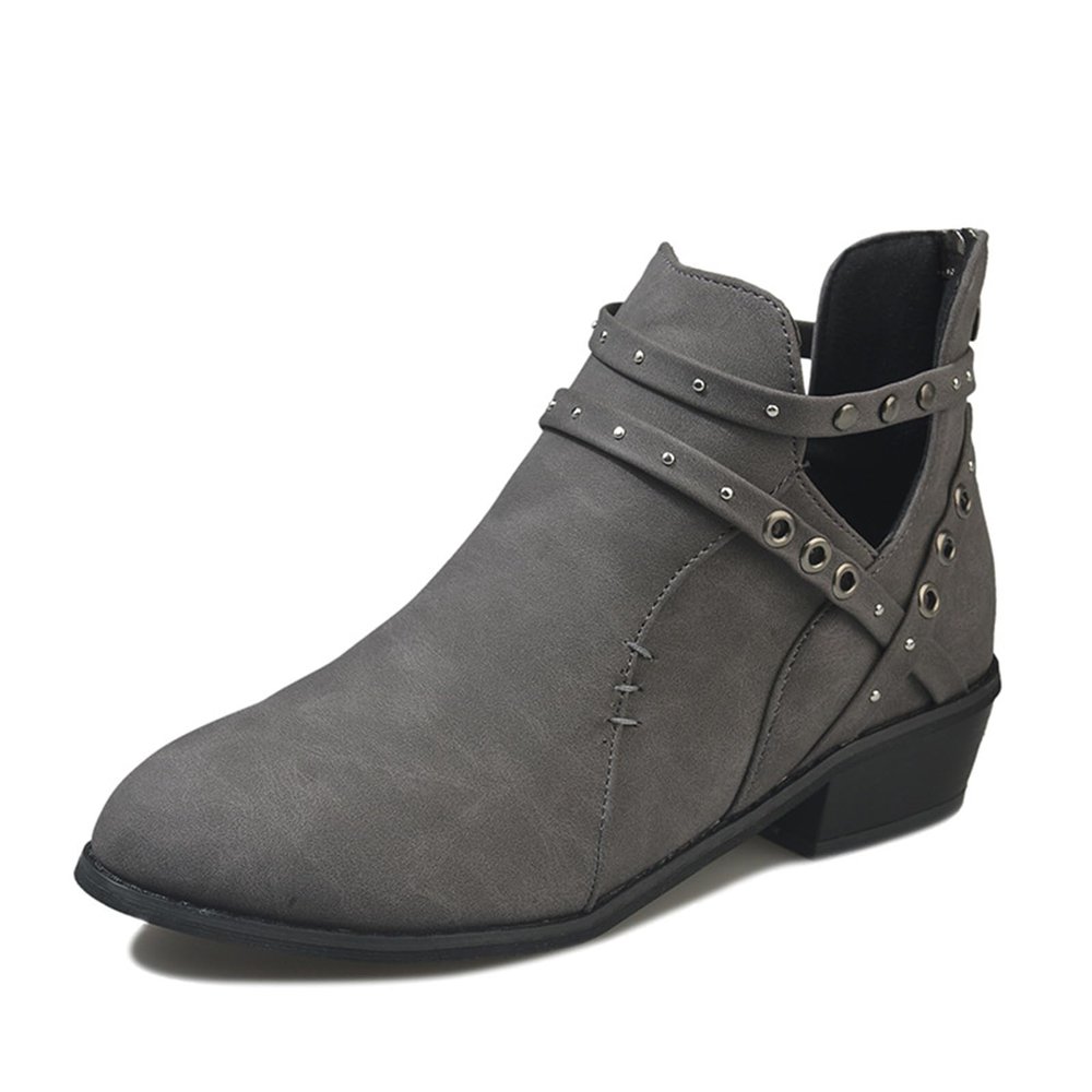 HINDOLA Women's Almond Toe Low Heel Chunky Block Stacked Heels Ankle Booties Slip On Criss Cross Buckle Boots Short Black Boots