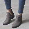 HINDOLA Women's Almond Toe Low Heel Chunky Block Stacked Heels Ankle Booties Slip On Criss Cross Buckle Boots Short Black Boots view 4