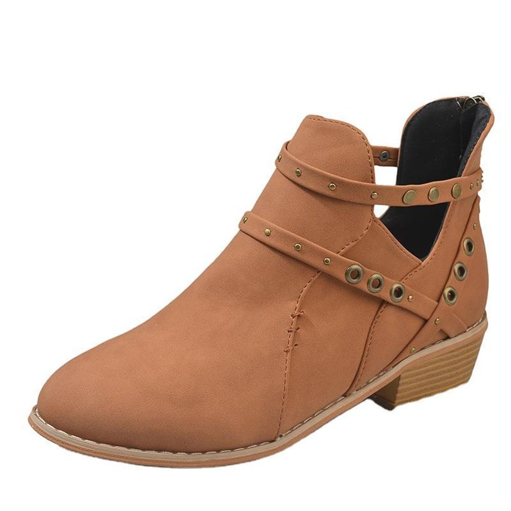 HINDOLA Women's Almond Toe Low Heel Chunky Block Stacked Heels Ankle Booties Slip On Criss Cross Buckle Boots Short Black Boots