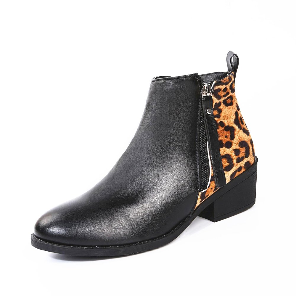 HINDOLA Ankle Booties for Women Almond Toe Low Heel Chunky Block Stacked Heels Boots Slip On Side Zipper Boots Leather Short Black Boots