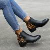 HINDOLA Ankle Booties for Women Almond Toe Low Heel Chunky Block Stacked Heels Boots Slip On Side Zipper Boots Leather Short Black Boots view 3