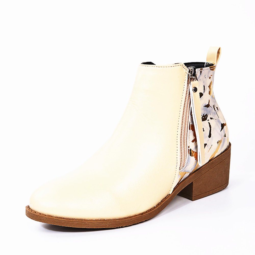 HINDOLA Ankle Booties for Women Almond Toe Low Heel Chunky Block Stacked Heels Boots Slip On Side Zipper Boots Leather Short Black Boots