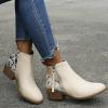 HINDOLA Ankle Booties for Women Almond Toe Low Heel Chunky Block Stacked Heels Boots Slip On Side Zipper Boots Leather Short Black Boots view 2