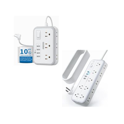 10 FT + 15 FT Extension Cord Bundle, NTONPOWER 6 AC +14 AC Outlets and 4 USB Ports, Surge Protector Power Strip, Overload Protection, Wall Mount for Home Office, White