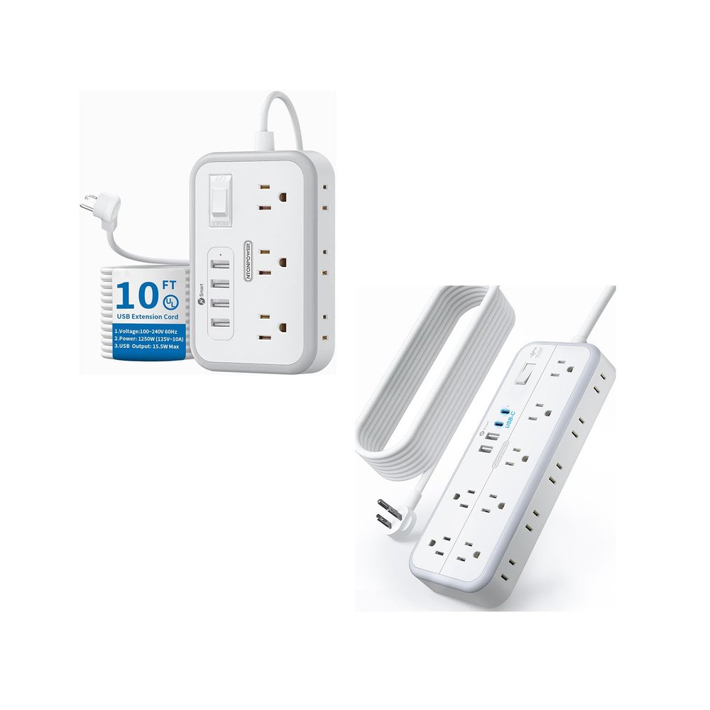 10 FT + 15 FT Extension Cord Bundle, NTONPOWER 6 AC +14 AC Outlets and 4 USB Ports, Surge Protector Power Strip, Overload Protection, Wall Mount for Home Office, White