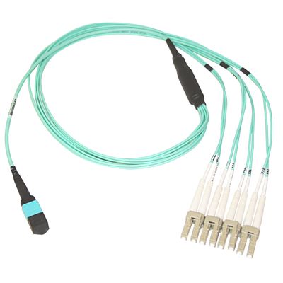 CableWholesale 40/100 Gb MTP to 4 Duplex LC Breakout Cable, OM4 50/125, Plenum Rated - Aqua Blue, 3.3 FT (1 Meter)