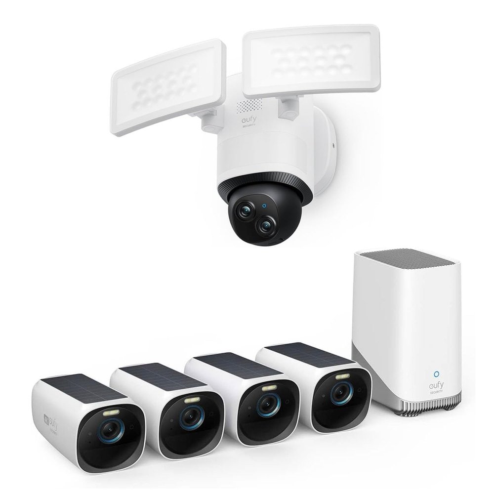 eufy Security eufyCam S330 (eufyCam 3) 4-Cam Kit, Security Camera Outdoor Wireless Floodlight Camera E340 Wired, 360 Pan and Tilt, HomeBase 3 Compatible