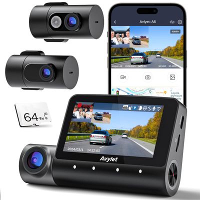 5K 3 Channel Dash Cam, 5G Wi-Fi Built-in GPS with 64GB Card, 4K+1080P+1080P Front and Rear Inside Triple Car Camera with 3'' IPS Screen, IR Night Vision, Voice Control, 24H Parking Monitor, 512GB Max