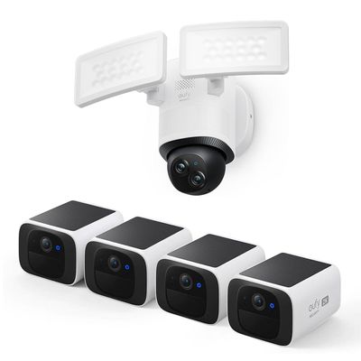 eufy Security S220 SoloCam 4-Cam Pack, Solar Charging, Wireless Outdoor Camera + eufy Security Floodlight Camera E340 Wired, 360 Pan and Tilt