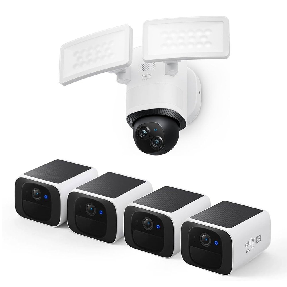 eufy Security S220 SoloCam 4-Cam Pack, Solar Charging, Wireless Outdoor Camera + eufy Security Floodlight Camera E340 Wired, 360 Pan and Tilt