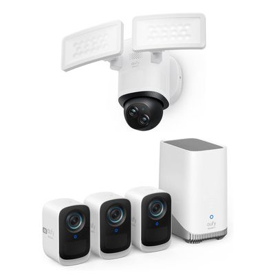 eufy security eufyCam S300(eufyCam 3C) 3-Cam Kit, Security Camera System Outdoor Wireless + eufy Security Floodlight Camera E340 Wired, 360 Pan and Tilt