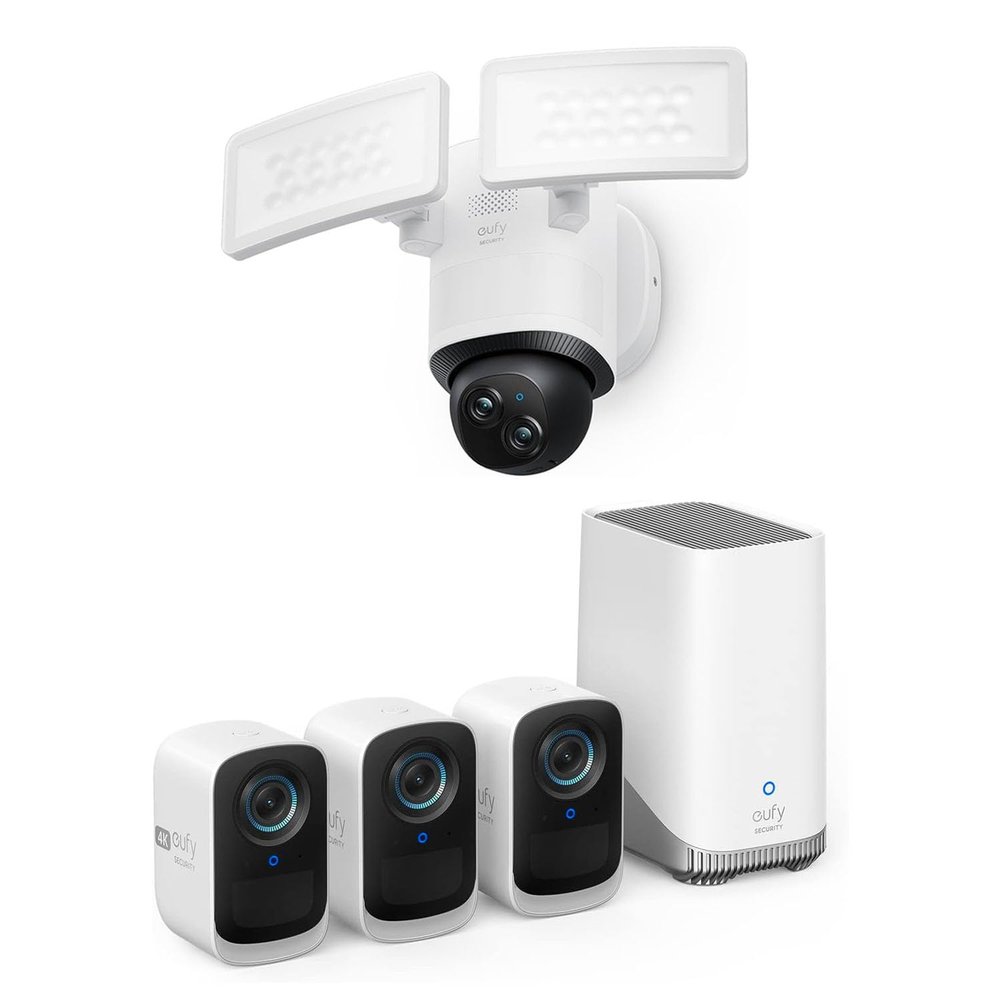 eufy security eufyCam S300(eufyCam 3C) 3-Cam Kit, Security Camera System Outdoor Wireless + eufy Security Floodlight Camera E340 Wired, 360 Pan and Tilt