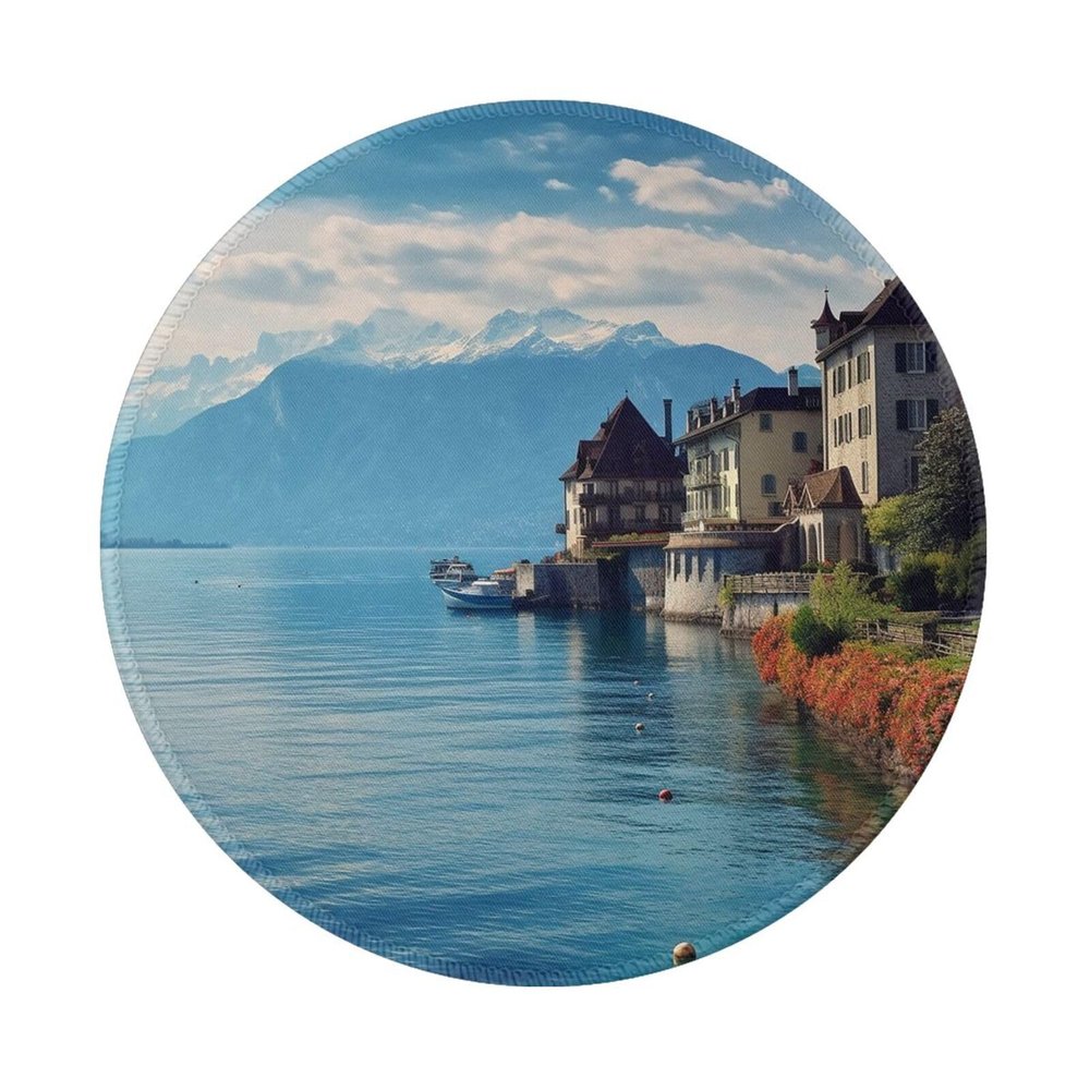 1 Mousepad with Non-Slip Rubber Base 8" Round Mouse-Mat with Stitched Edge Lake Geneva Switzerland Gaming Mousepad for Wireless Mouses Computer Laptop Home Office Desk Pad