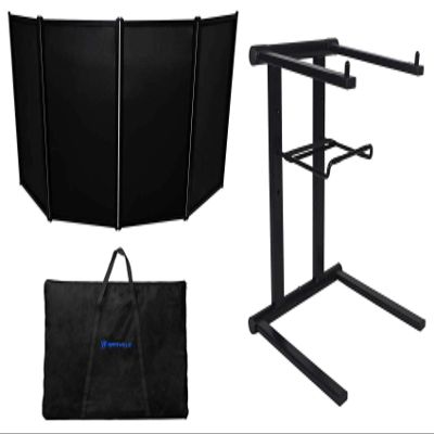 Rockville RFAAB Bundle: 110 in x 47.2 in DJ Event Facade Lightweight Frame Booth with Bag & Scrims, RLS2400 Lightweight Folding DJ Laptop Stand with Extra Shelf & Travel Bag, 2-Items