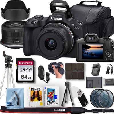 Canon EOS R50 Mirrorless Camera with Canon RF-S 18-45mm f/4.5-6.3 is STM Lens+50' Tripod+64GB Memory Card+3pcs (UV/CPL/FLD) Filter Kit + Deluxe Accessory Bundle (Renewed), Black