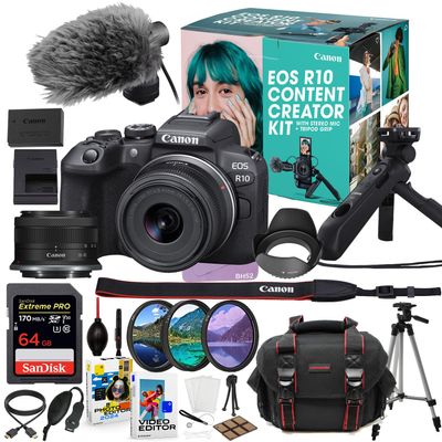 Canon EOS R10 Mirrorless Camera with 18-45mm Lens Content Vlogging Kit with DM-E100 Microphone & HG-100TBR Tripod Grip + 64GB Extreme Accessory Bundle (35 Items) (Renewed)