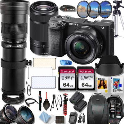Sony a6400 24.1MP 4K Video Recording Camera with Sony E PZ 16-50mm f/3.5-5.6 and 55-210mm f/4.5-6.3 OSS Lenses + 420-800mm f/8.3 HD Telephoto Zoom Lens with T-Mount+Deluxe Accessory Bundle (Renewed)