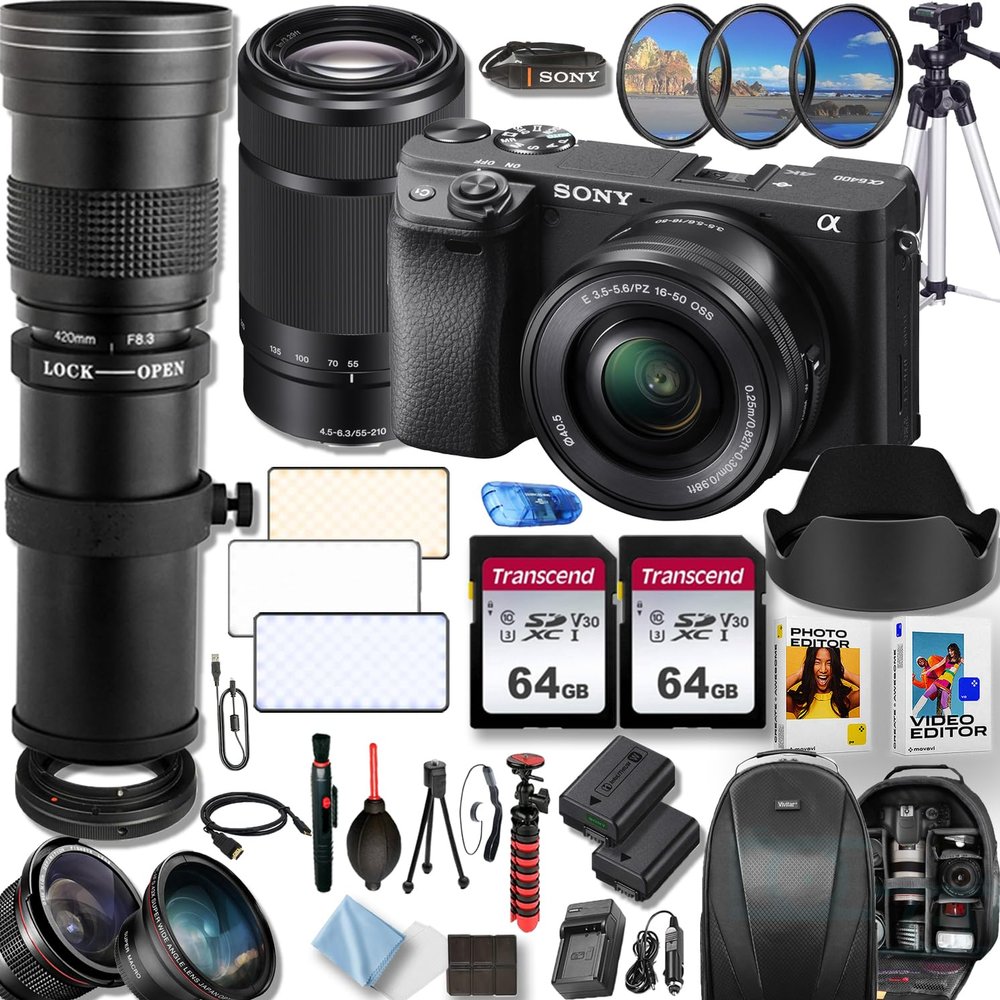 Sony a6400 24.1MP 4K Video Recording Camera with Sony E PZ 16-50mm f/3.5-5.6 and 55-210mm f/4.5-6.3 OSS Lenses + 420-800mm f/8.3 HD Telephoto Zoom Lens with T-Mount+Deluxe Accessory Bundle (Renewed)