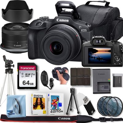 Canon EOS R100 Mirrorless Camera with Canon RF-S 18-45mm f/4.5-6.3 is STM Lens+Tripod+64GB Memory Card+3pcs (UV/CPL/FLD) Filter Kit + Deluxe Accessory Bundle (Renewed)